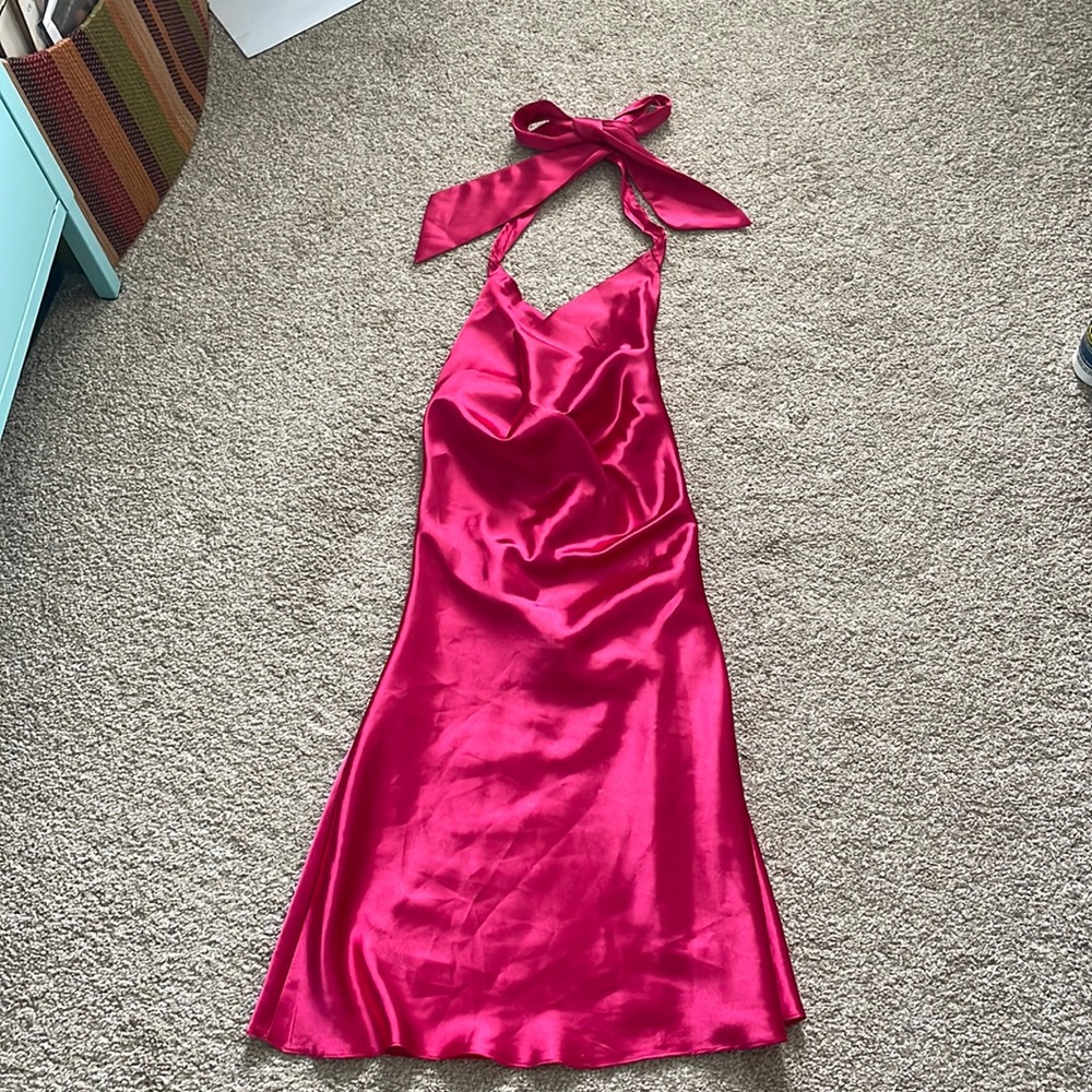 Amazon women pink silk halter short dress size small